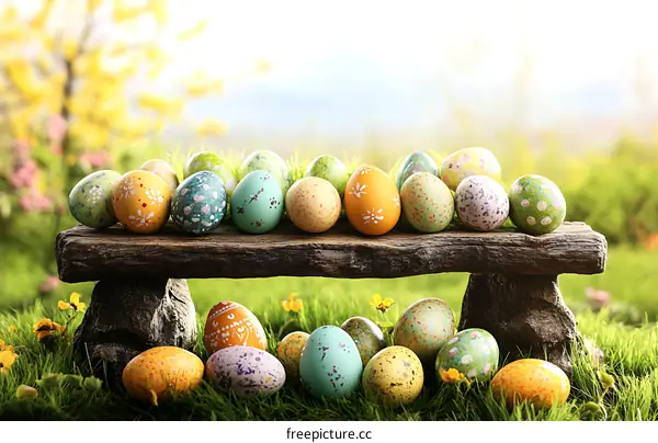 Easter Eggs on a Wooden Bench in a Garden