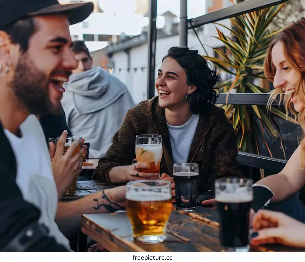 Friends Laughing and Drinking Together at a Bar