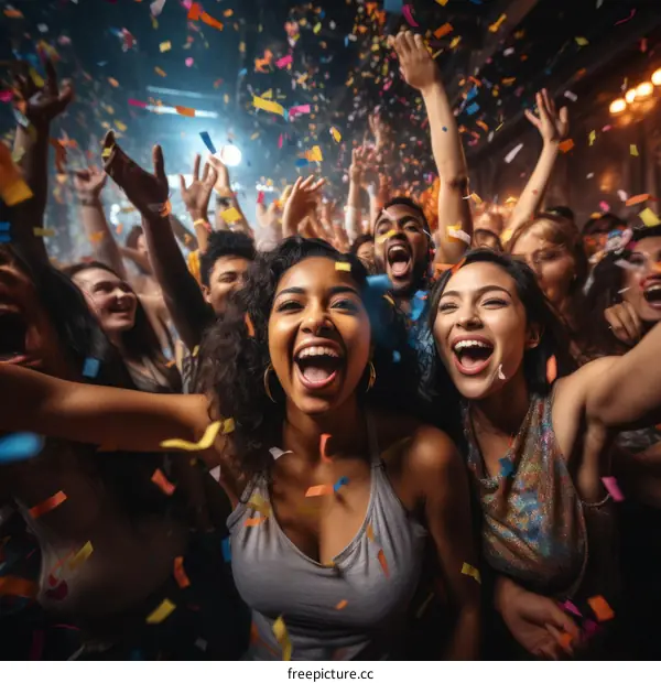 Crowd of diverse people celebrating with confetti falling from the ceiling