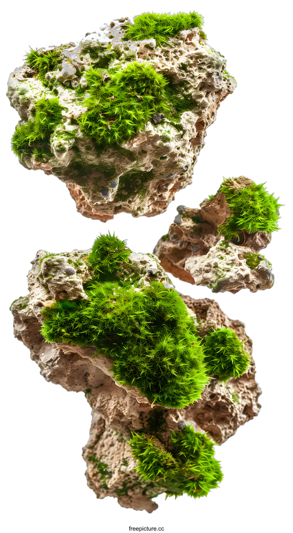 [Transparent Background PNG]Green Moss Growing on Rocks Isolated on White Background