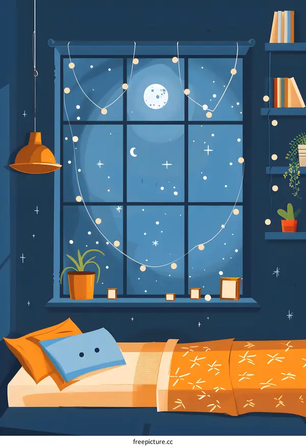 Cozy Nighttime Bedroom Illustration With Window View