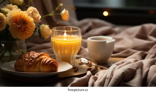 A cozy still life with a candle, flowers, and a croissant