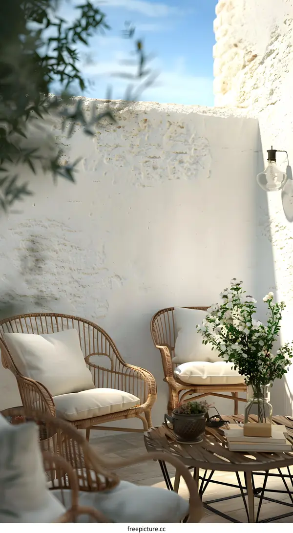 White Wall Patio with Rattan Chairs and Flowers