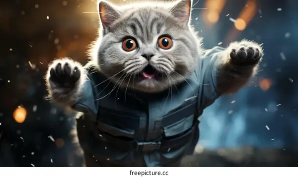 A cute cat wearing a military uniform is parachuting through the air