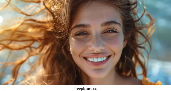 Happy Woman With Brown Hair Smiling Close Up Portrait