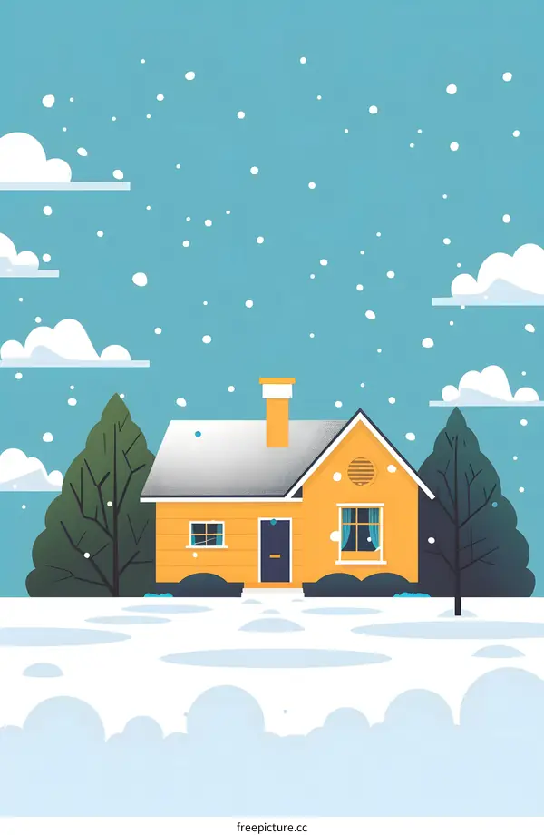 Yellow House In The Snow On A Winter Day