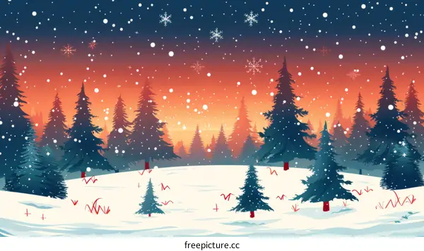 Snowy Forest Landscape with Sunset