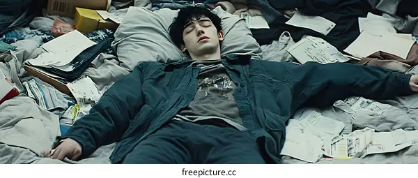 Man Sleeping on a Bed Surrounded by Papers
