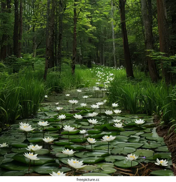 Mystical journey through an ethereal forest of white water lilies