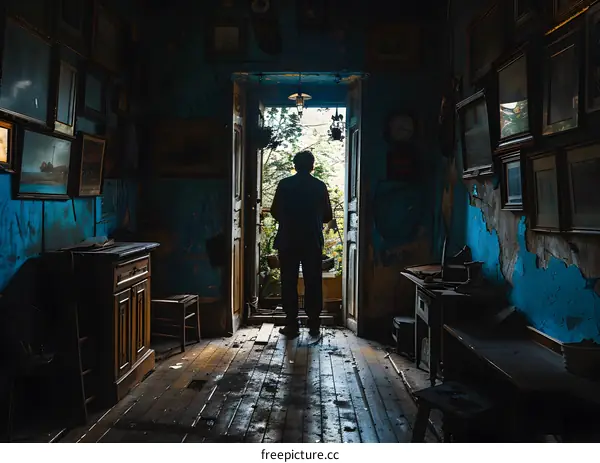 Man standing in a dark room with blue walls and a bright doorway