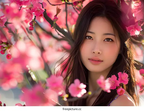 Beautiful Asian Woman Surrounded by Cherry Blossoms