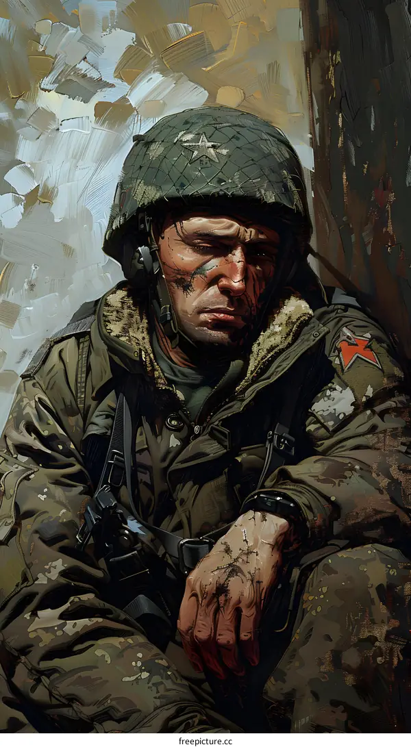 Portrait of a soldier wearing a green helmet