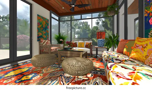 Colorful Bohemian Style Living Room Interior Design