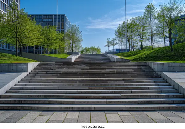 Long, Wide Concrete Outdoor Stairs Leading Up to a Lush Green Hill