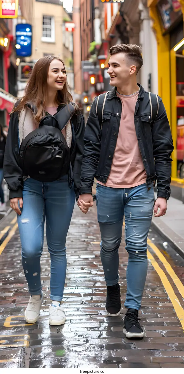 Young Couple Walking Hand in Hand on a Cobblestone Street