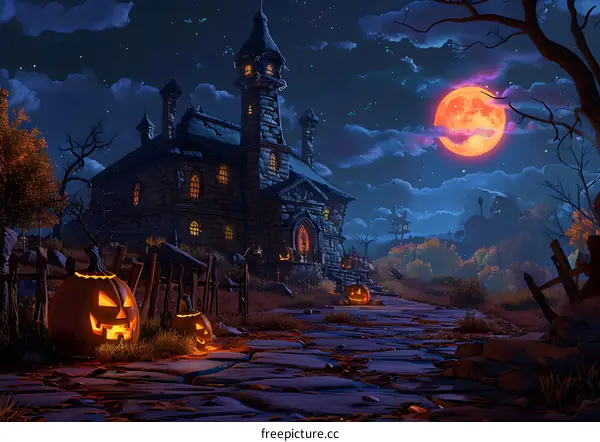 Halloween Jack-o-lanterns light the way to a haunted house