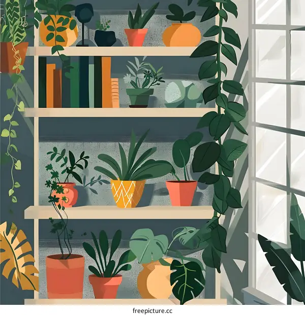 Indoor Plants on Bookshelf near Window