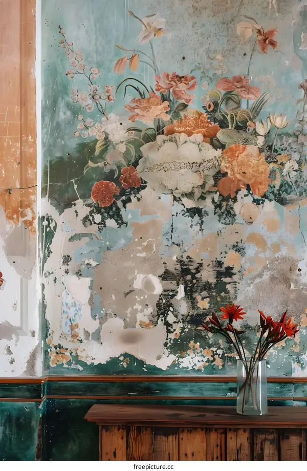 Vintage Floral Wall Mural With Peeling Paint and Flowers in Vase