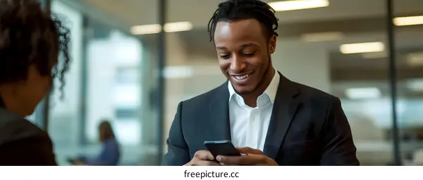 Smiling Black Man In Suit Using Phone In Office