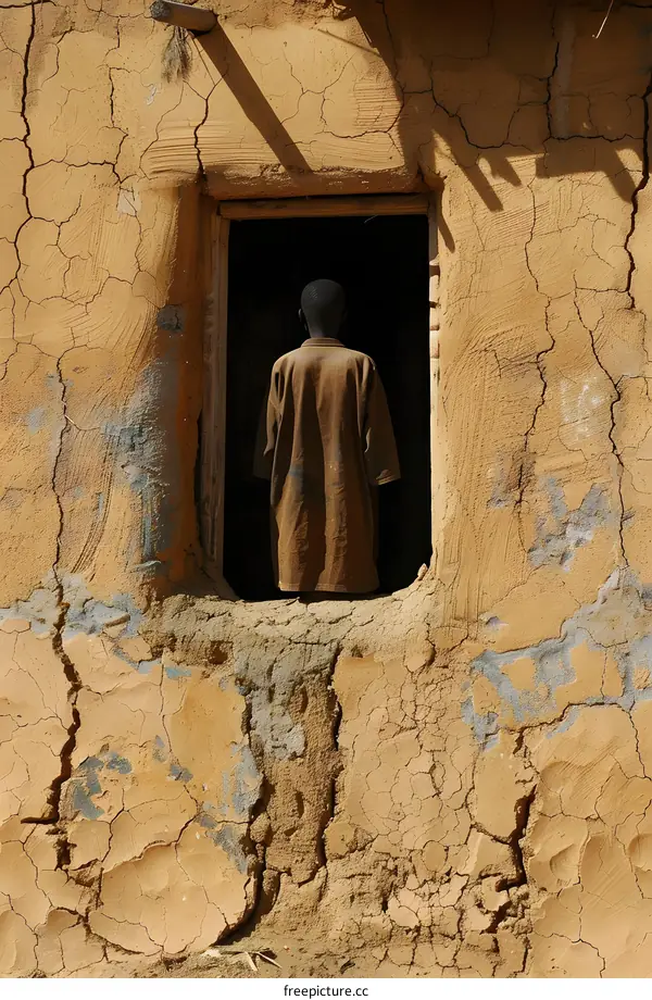 An African boy looks out through a window