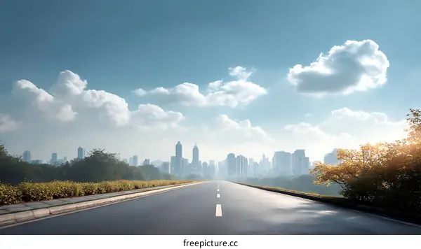 Empty Road Leading to City Skyline Under Sunny Sky