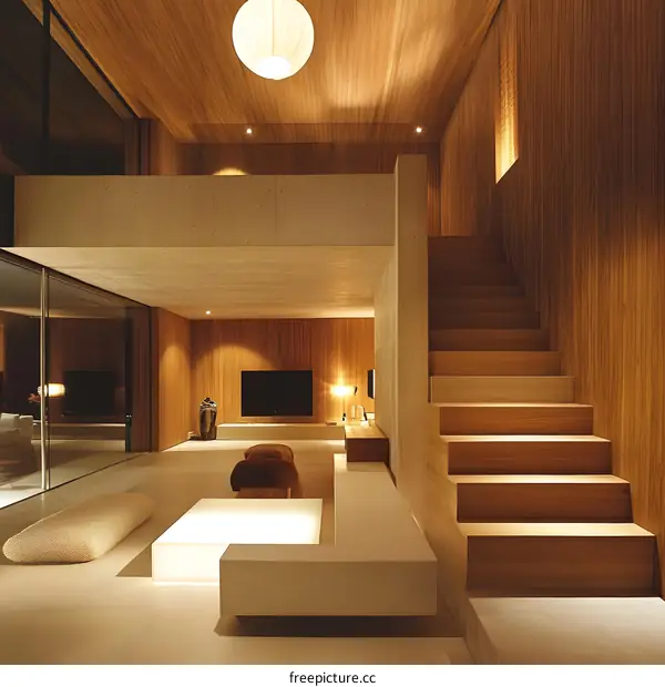 Modern Minimalist Living Room Interior Design with Wooden Walls and Stairs