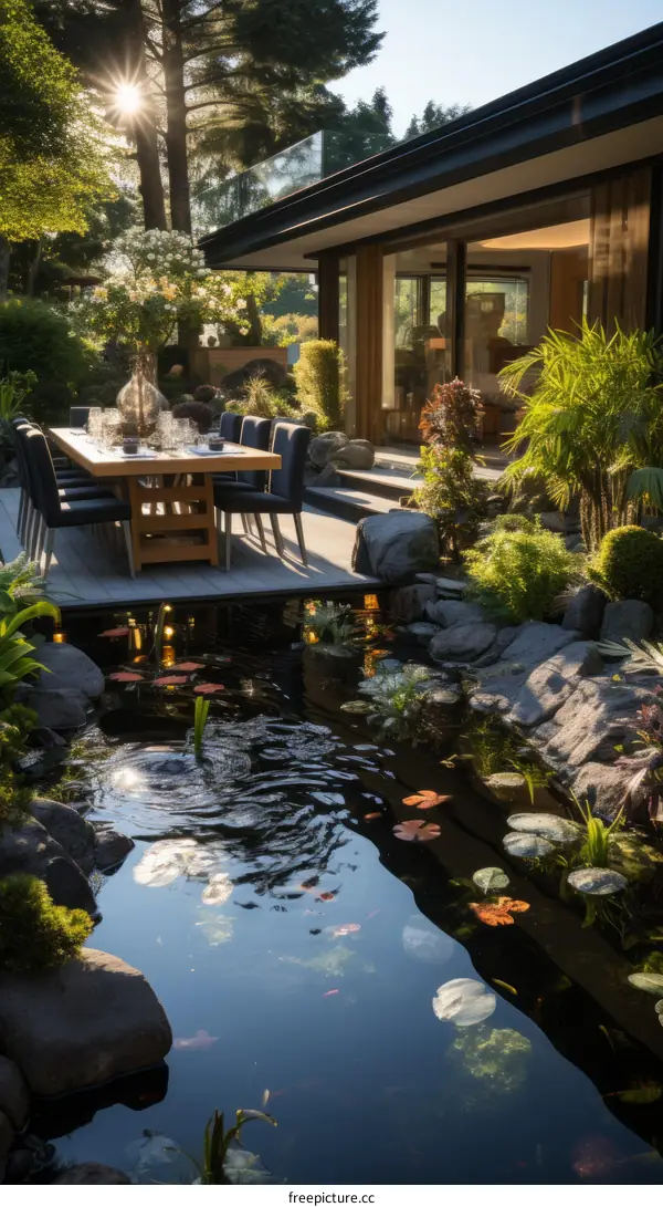 Garden pond with a view of a modern house