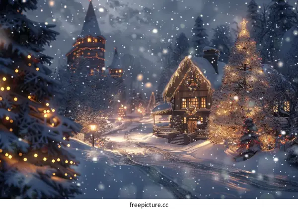 Snowy Christmas Cabin at night