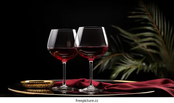 Two glasses of red wine on a table with a dark background