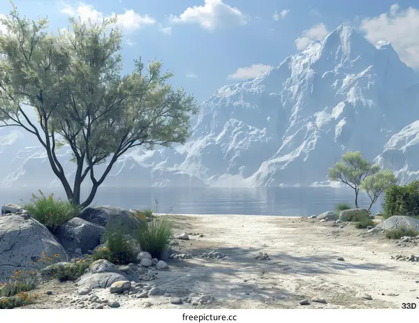 Enchanted Fantasy Landscape with Majestic Mountains and Serene Lake