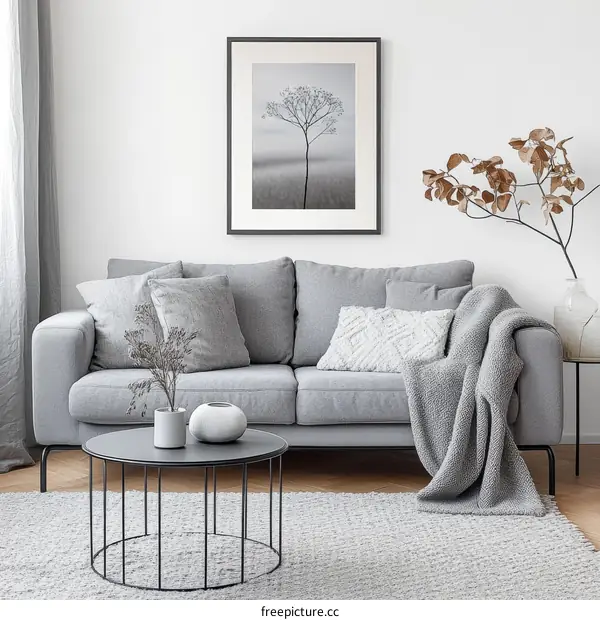 Gray Sofa Living Room Decor with Plant Print