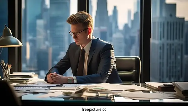 Businessman looking over paperwork in his office
