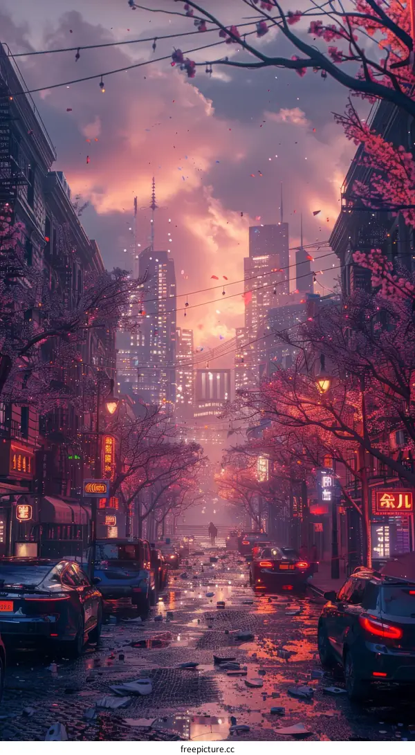 Rainy Night Cityscape Illustration with Cherry Blossoms