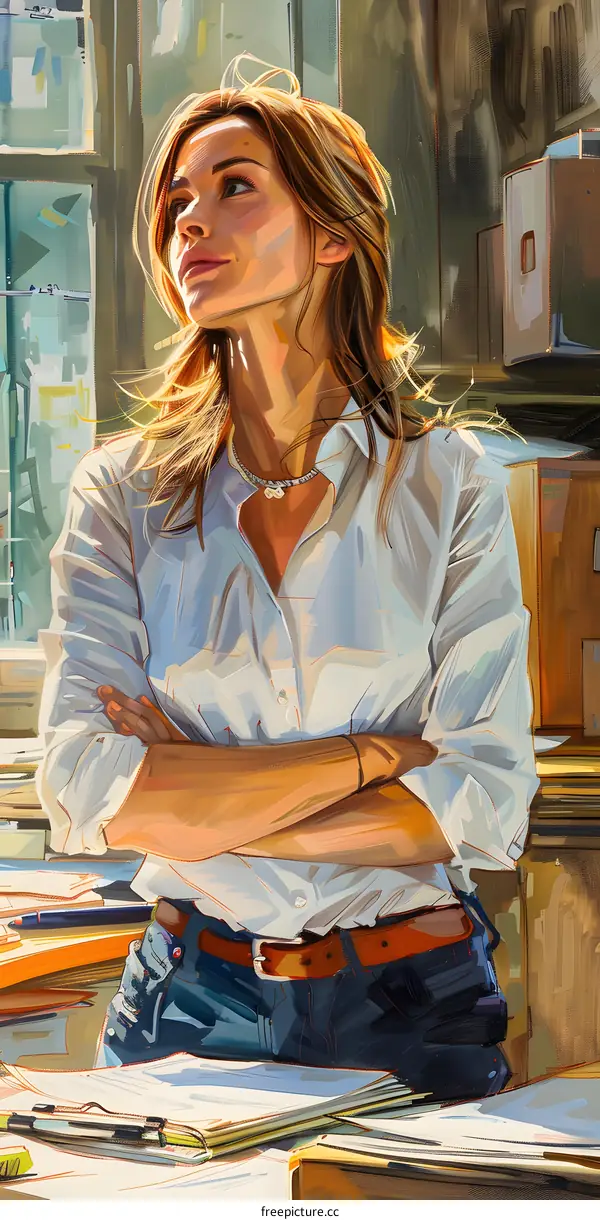 A young woman in a white shirt and blue jeans is standing in an office, her arms crossed in front of her chest, staring out the window