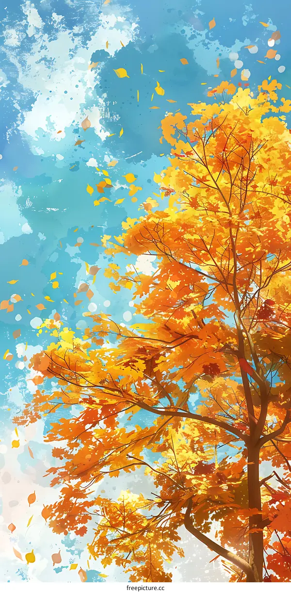 Autumn Tree Watercolor Painting With Falling Leaves