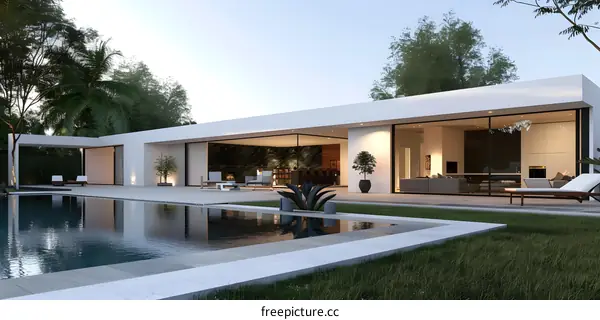 Modern House with Swimming Pool and Lush Greenery