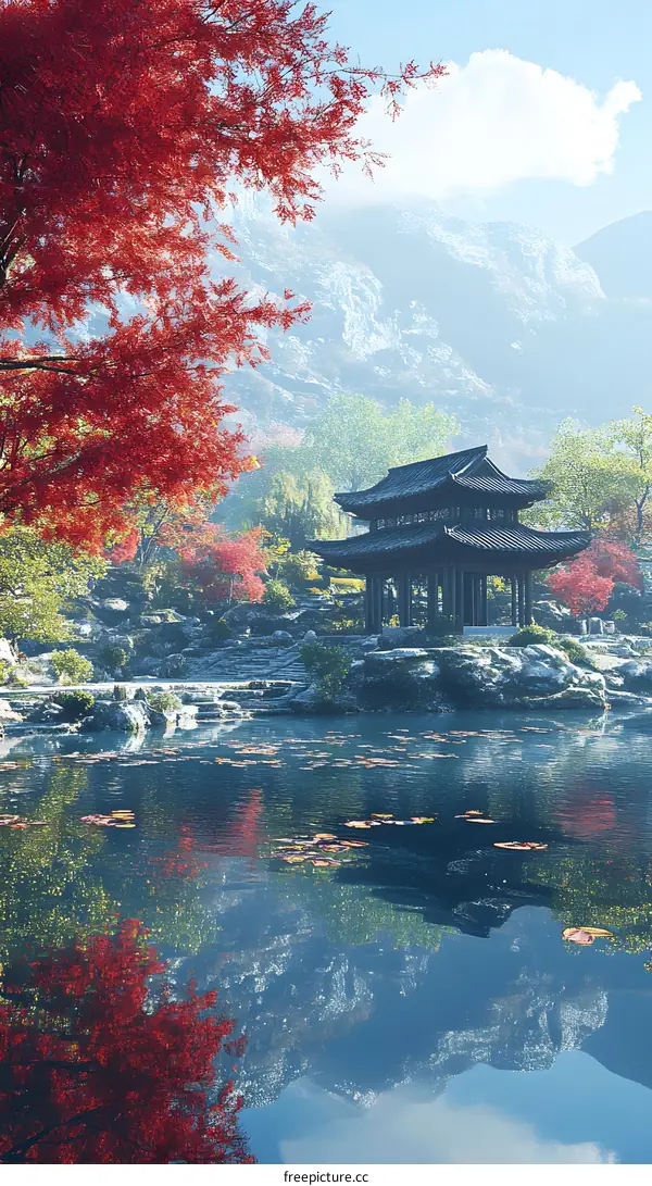 Peaceful Autumn Landscape With Traditional Asian Pagoda And Red Maple Trees Reflecting In Calm Water
