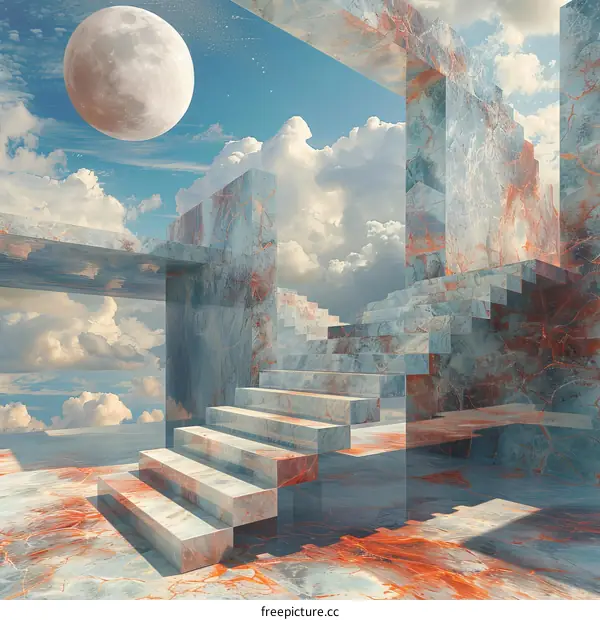 Surreal marble structure with stairway and moon