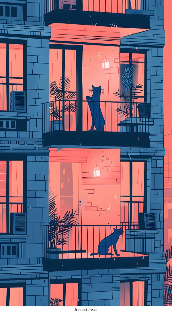 Two Cats On Balconies In An Apartment Building