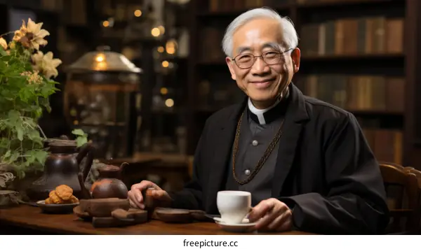 Portrait of a smiling elderly Chinese man wearing a clerical collar