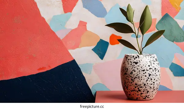 Minimalist Plant in a Speckled Pot Against a Colorful Abstract Wall