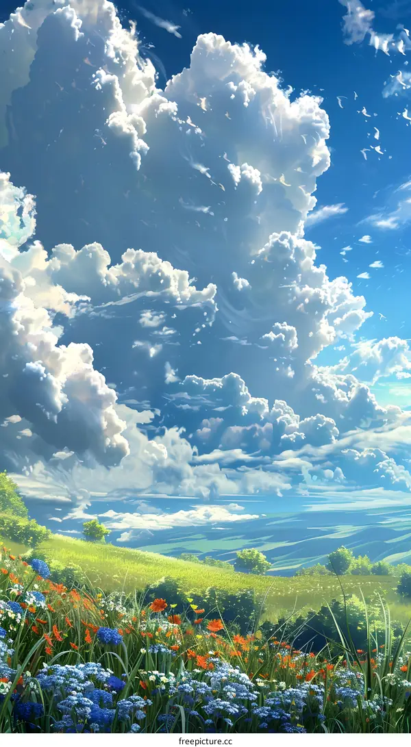 The sky is blue, the clouds are white, and the flowers are red.