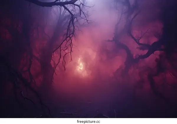 Mystical foggy forest with bright light in the middle