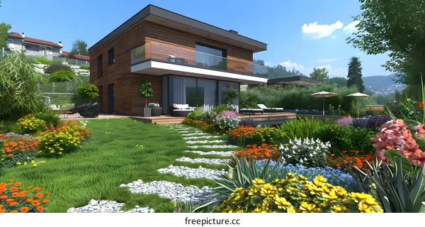 A modern house with a beautiful garden