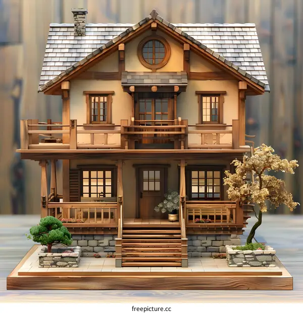 Wooden House Model with Balcony and Garden