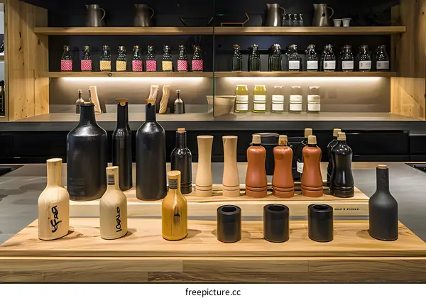Wooden and Black Bottles on a Shelf in a Kitchen