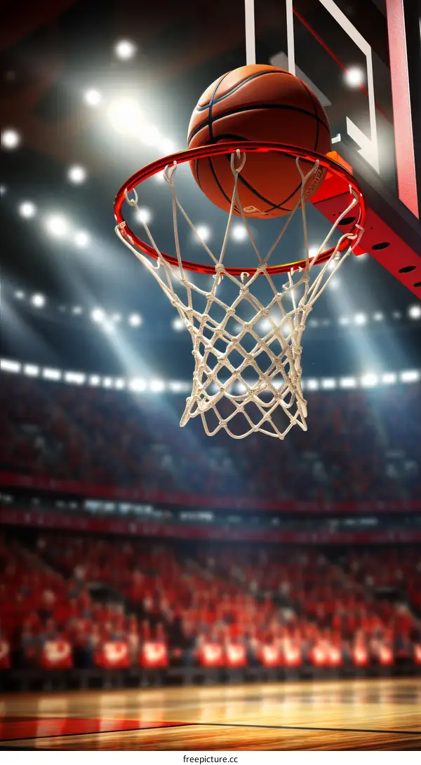 Basketball Swish Through Hoop with Stadium Background