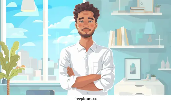 Black man standing in front of a window with crossed arms