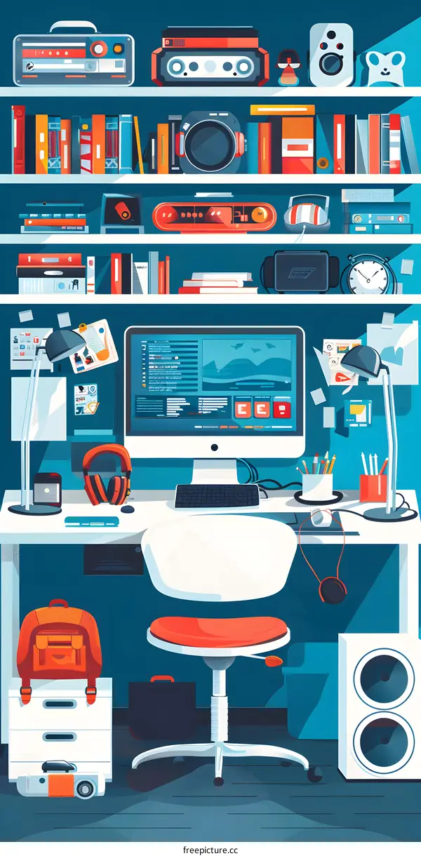 Flat Illustration of a Modern Home Office with a Computer, Desk, and Bookshelf