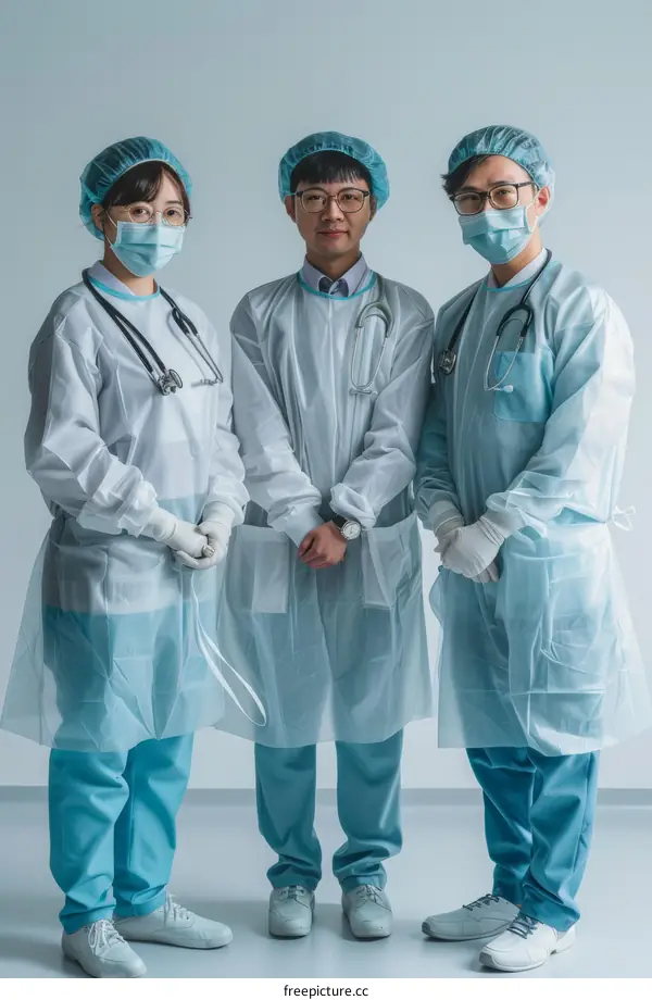 Three doctors in PPE suits posing for a photo